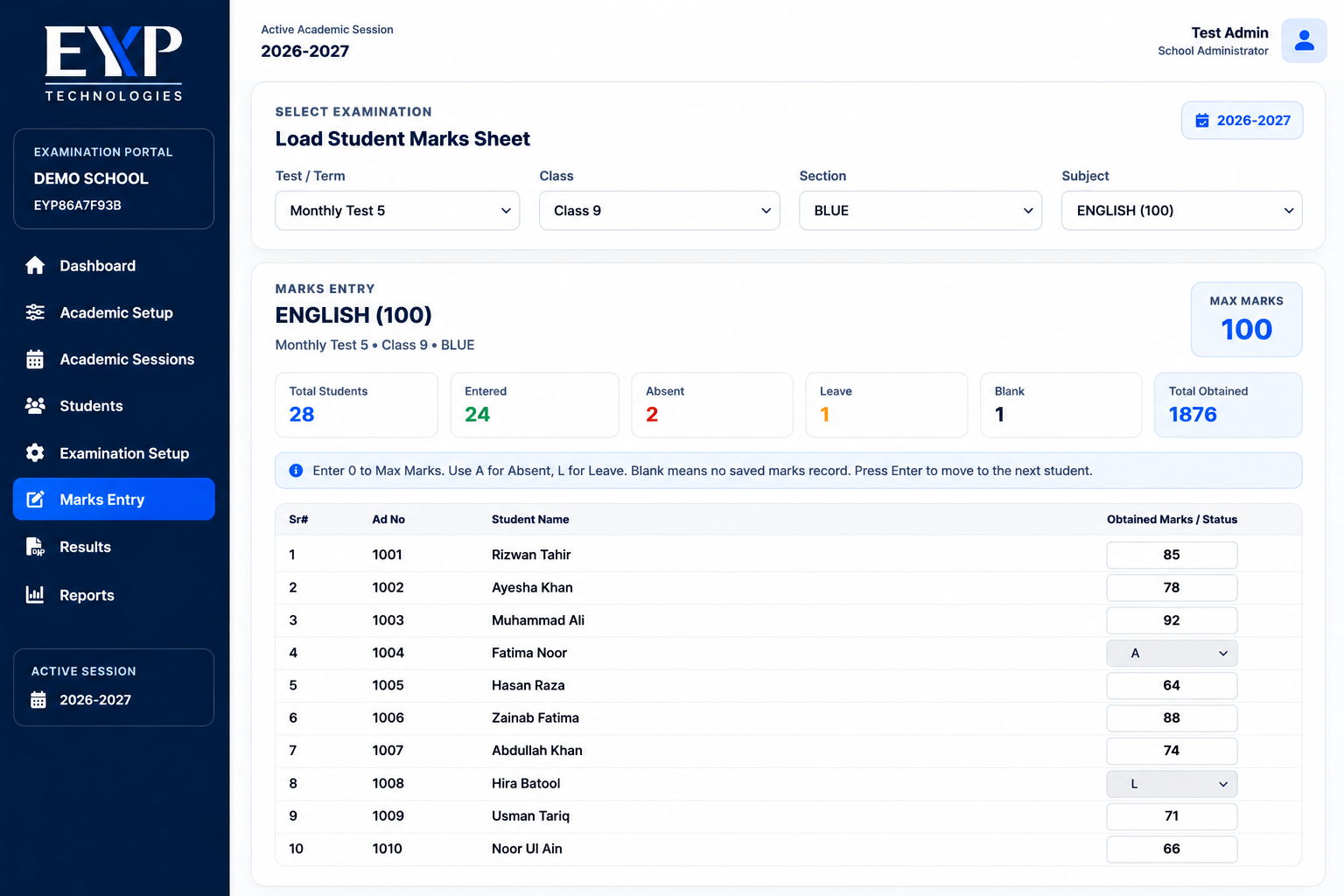 EYP Examination Portal marks entry preview